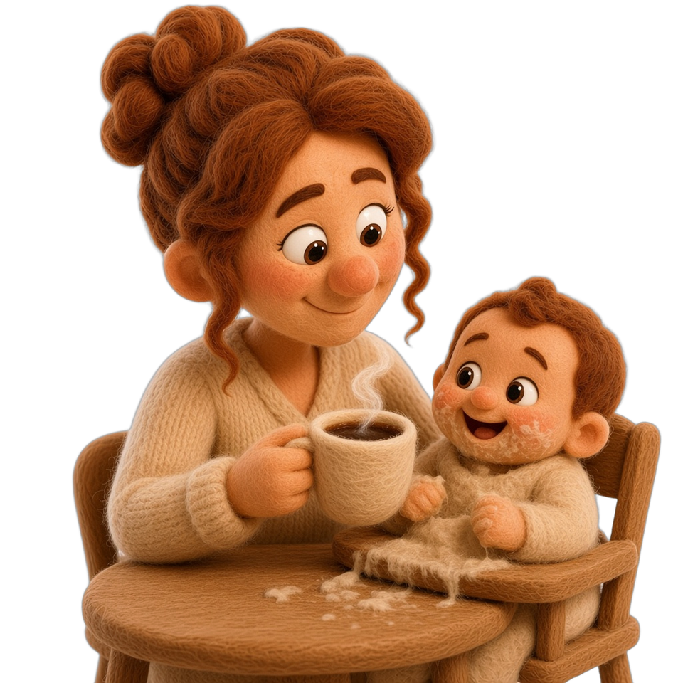 A rested parent having coffee with a happy baby