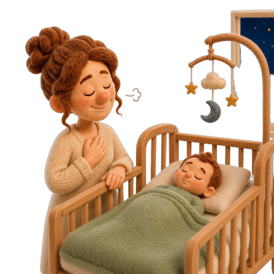 A baby sleeping on their back in an empty crib while a parent watches