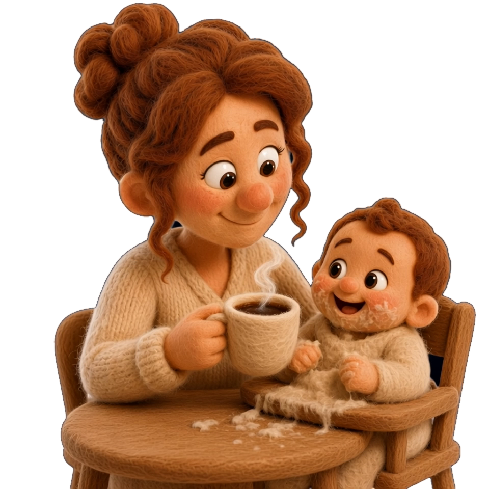 A rested parent having coffee with a happy baby