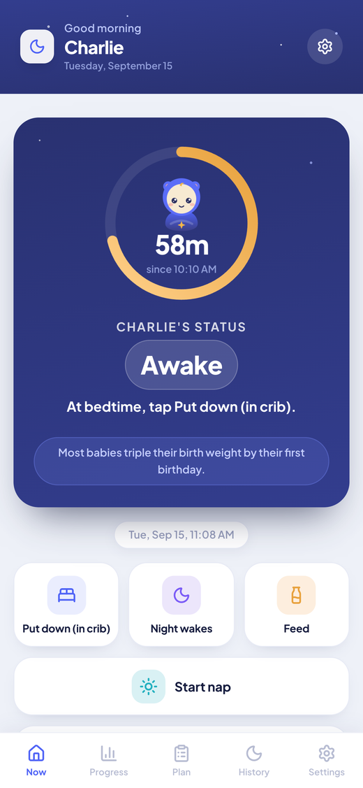The Now screen with the status ring, Bub, and the Put down, Night wakes and Feed buttons